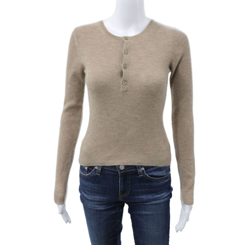The Tile Club Womens Cashmere Henley Sweater Beige Long Sleeve Size 2XS